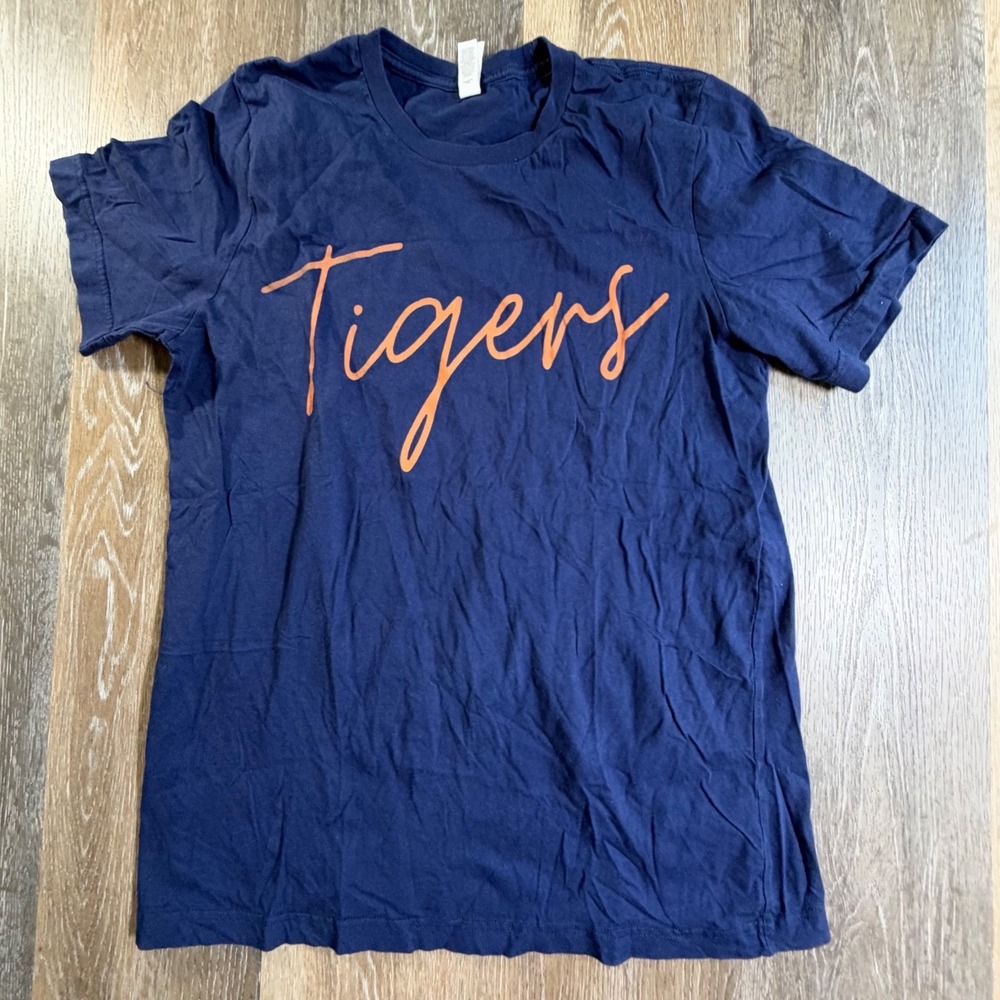 Bella Canvas Tigers Graphic Tee Unisex Large Navy Blue Orange Script Shirt